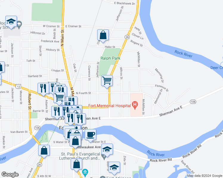 map of restaurants, bars, coffee shops, grocery stores, and more near 410 N High St in Fort Atkinson