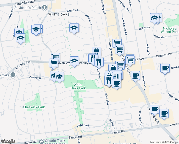map of restaurants, bars, coffee shops, grocery stores, and more near 1103 Jalna Boulevard in London