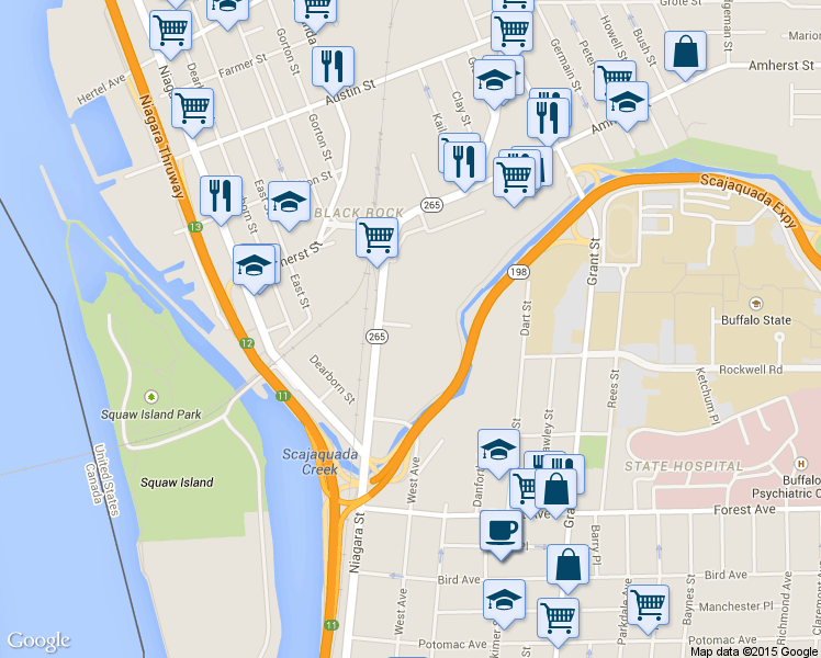 map of restaurants, bars, coffee shops, grocery stores, and more near 189 Tonawanda Street in Buffalo