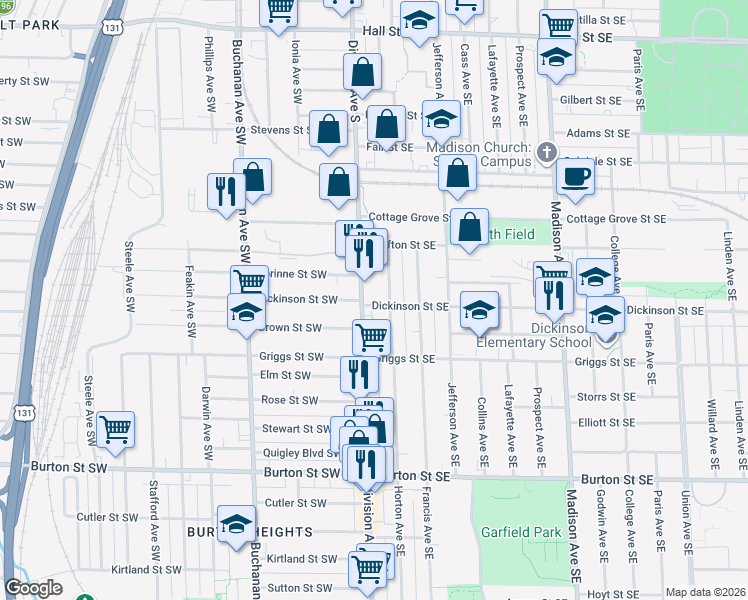 map of restaurants, bars, coffee shops, grocery stores, and more near 11 Dickinson Street Southeast in Grand Rapids