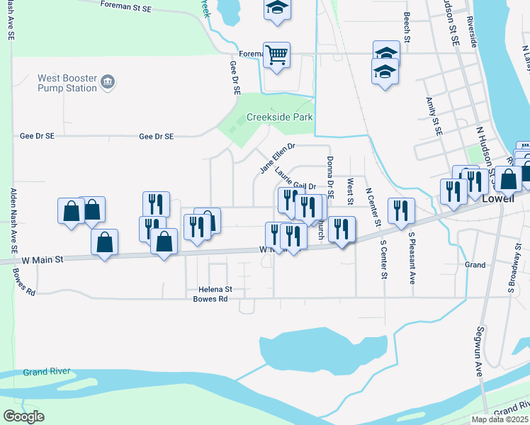 map of restaurants, bars, coffee shops, grocery stores, and more near 1406 Sibley Street in Lowell