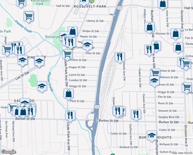map of restaurants, bars, coffee shops, grocery stores, and more near 606 Lynch Street Southwest in Grand Rapids