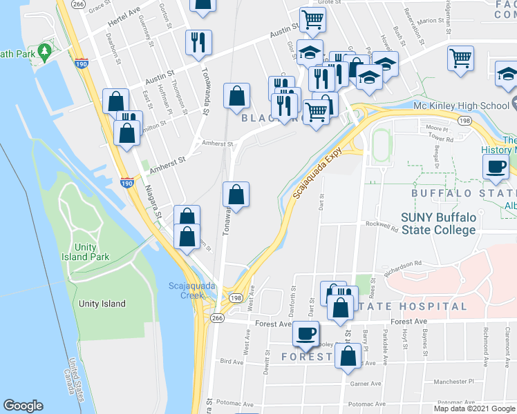 map of restaurants, bars, coffee shops, grocery stores, and more near 189 Tonawanda Street in Buffalo
