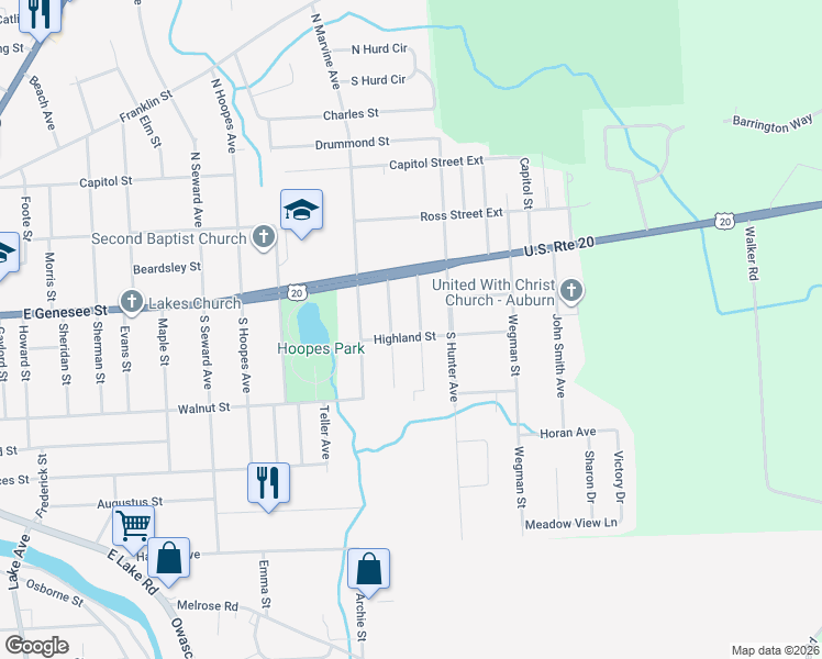 map of restaurants, bars, coffee shops, grocery stores, and more near 15 Highland Street in Auburn