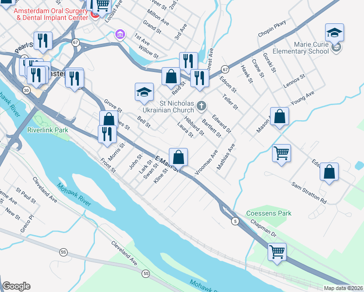 map of restaurants, bars, coffee shops, grocery stores, and more near 61 Pulaski Street in Amsterdam