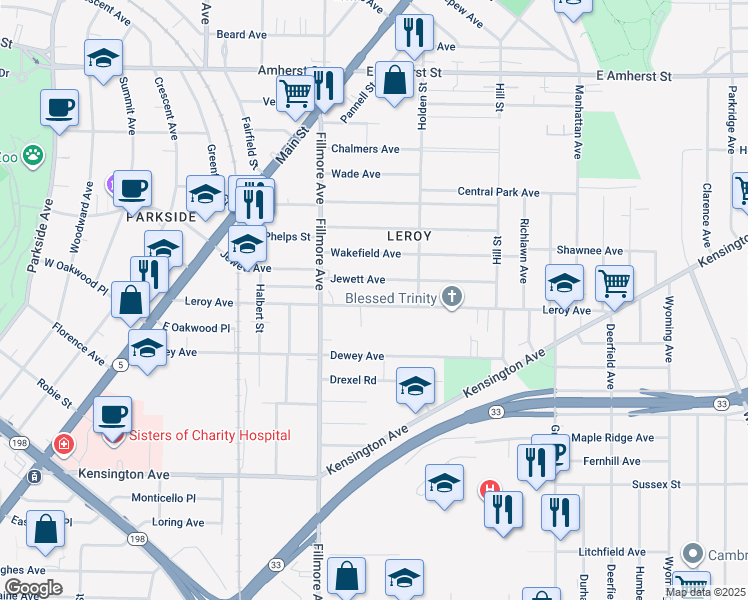map of restaurants, bars, coffee shops, grocery stores, and more near 236 Leroy Avenue in Buffalo