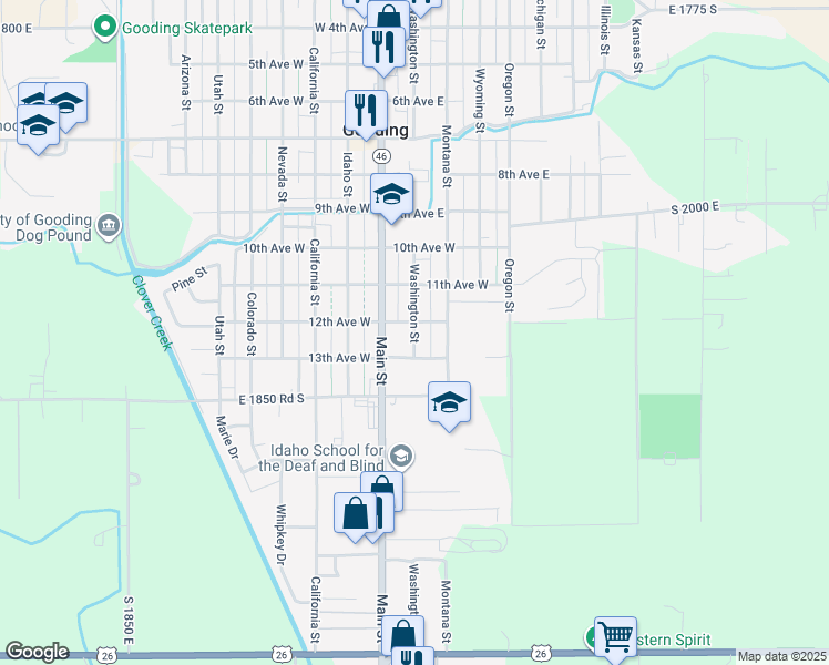 map of restaurants, bars, coffee shops, grocery stores, and more near 1212 Washington St in Gooding