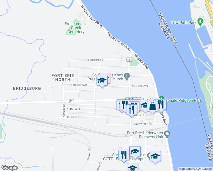 map of restaurants, bars, coffee shops, grocery stores, and more near 246 Emerick Avenue in Fort Erie