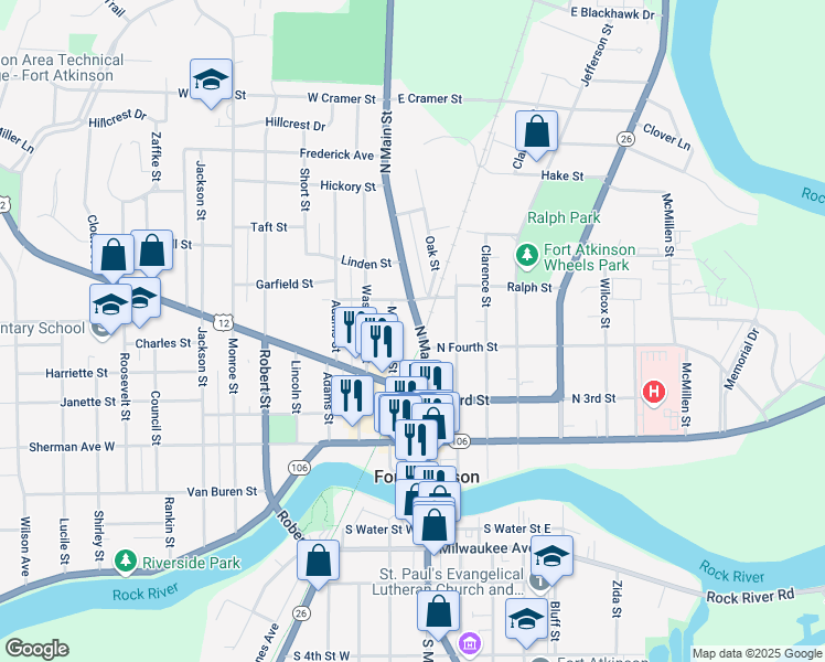 map of restaurants, bars, coffee shops, grocery stores, and more near 411 North Main Street in Fort Atkinson
