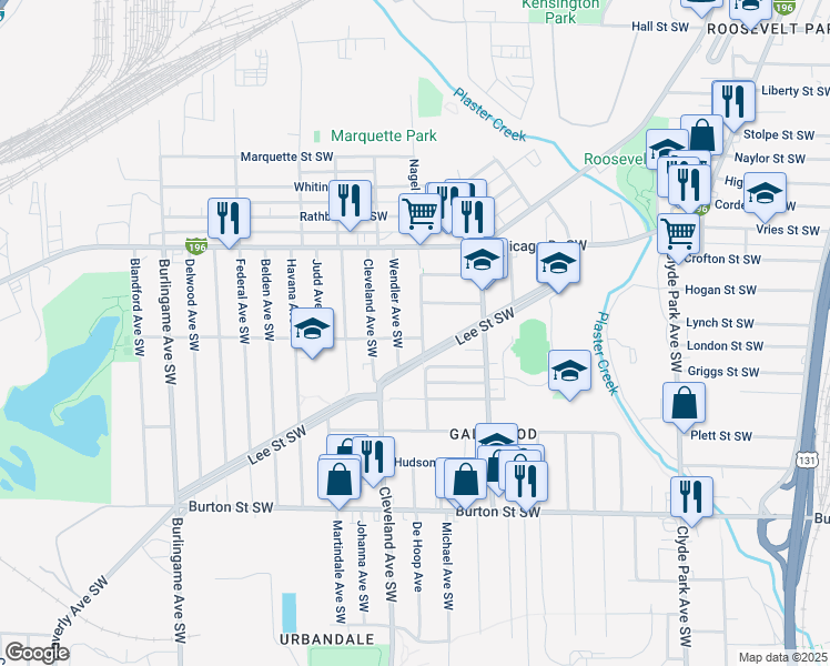 map of restaurants, bars, coffee shops, grocery stores, and more near 1711 Nagel Avenue Southwest in Wyoming