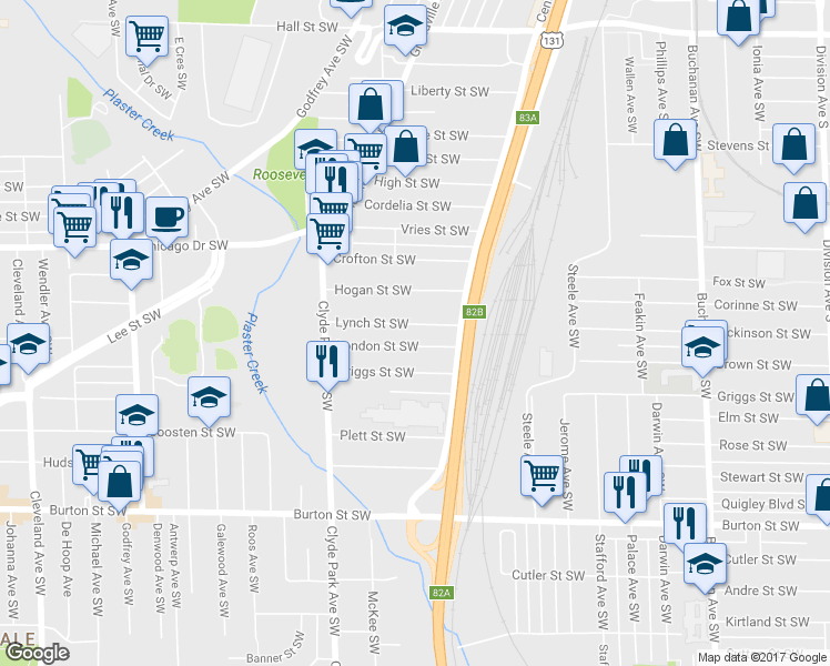 map of restaurants, bars, coffee shops, grocery stores, and more near 648 Lynch Street Southwest in Grand Rapids