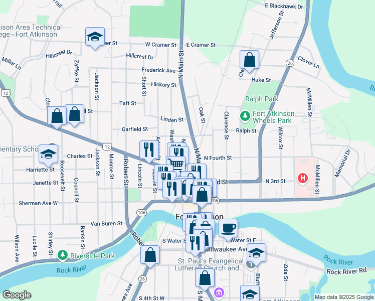 map of restaurants, bars, coffee shops, grocery stores, and more near 411 North Main Street in Fort Atkinson