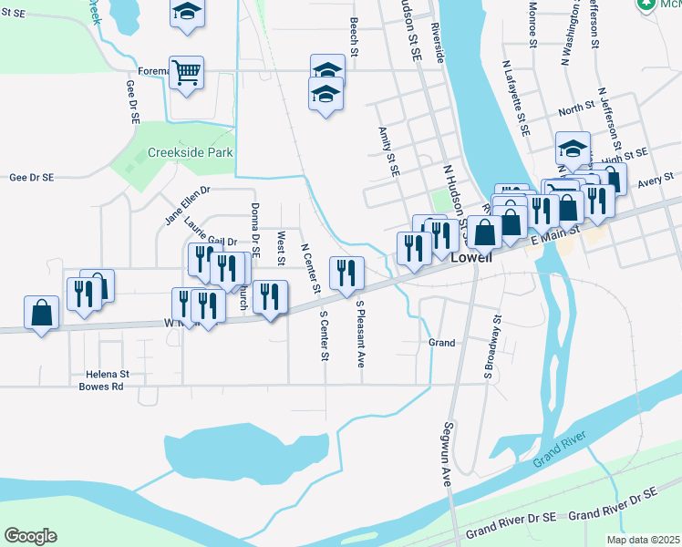 map of restaurants, bars, coffee shops, grocery stores, and more near 140 North Pleasant Avenue in Lowell