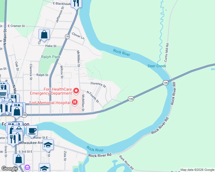 map of restaurants, bars, coffee shops, grocery stores, and more near 802 Florence Street in Fort Atkinson