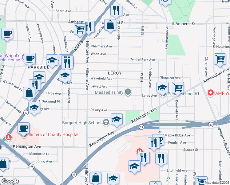 map of restaurants, bars, coffee shops, grocery stores, and more near 276 Leroy Avenue in Buffalo