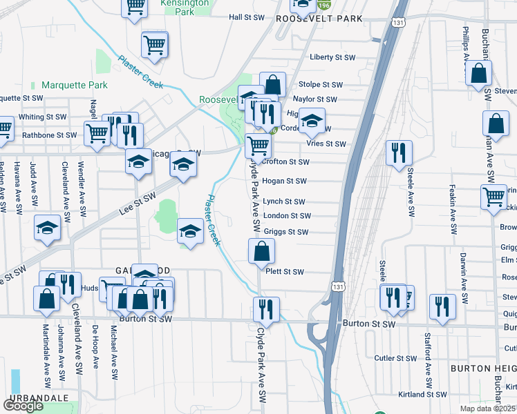 map of restaurants, bars, coffee shops, grocery stores, and more near 1708 Clyde Park Avenue Southwest in Grand Rapids