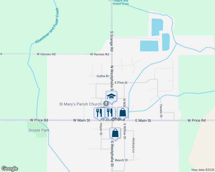 map of restaurants, bars, coffee shops, grocery stores, and more near 103 West Pine Street in Westphalia