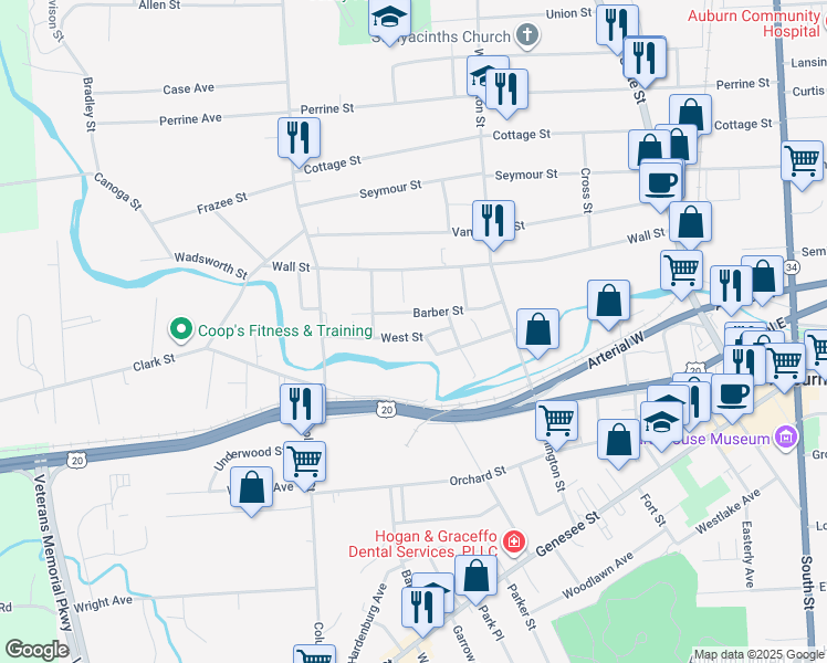 map of restaurants, bars, coffee shops, grocery stores, and more near 49 West Street in Auburn