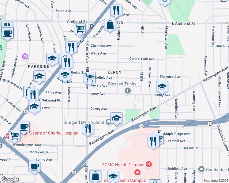 map of restaurants, bars, coffee shops, grocery stores, and more near 276 Leroy Avenue in Buffalo