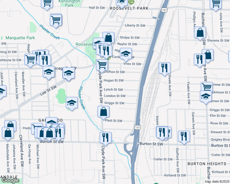 map of restaurants, bars, coffee shops, grocery stores, and more near 716 Lynch Street Southwest in Grand Rapids