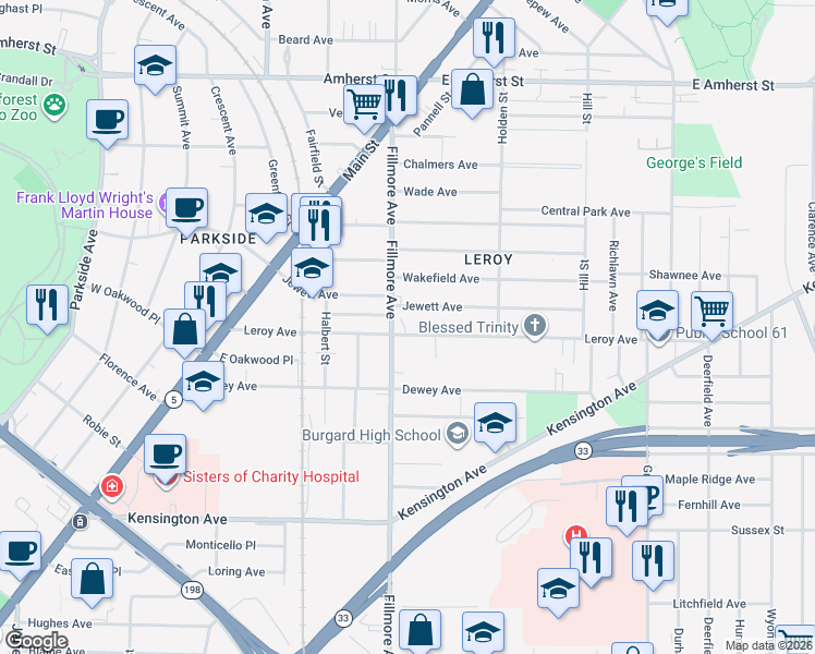 map of restaurants, bars, coffee shops, grocery stores, and more near 194 Leroy Avenue in Buffalo