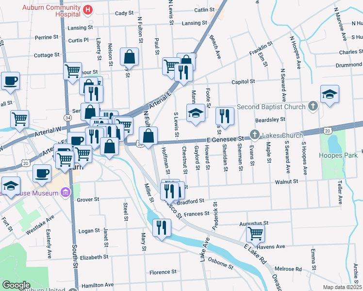 map of restaurants, bars, coffee shops, grocery stores, and more near 72 East Genesee Street in Auburn