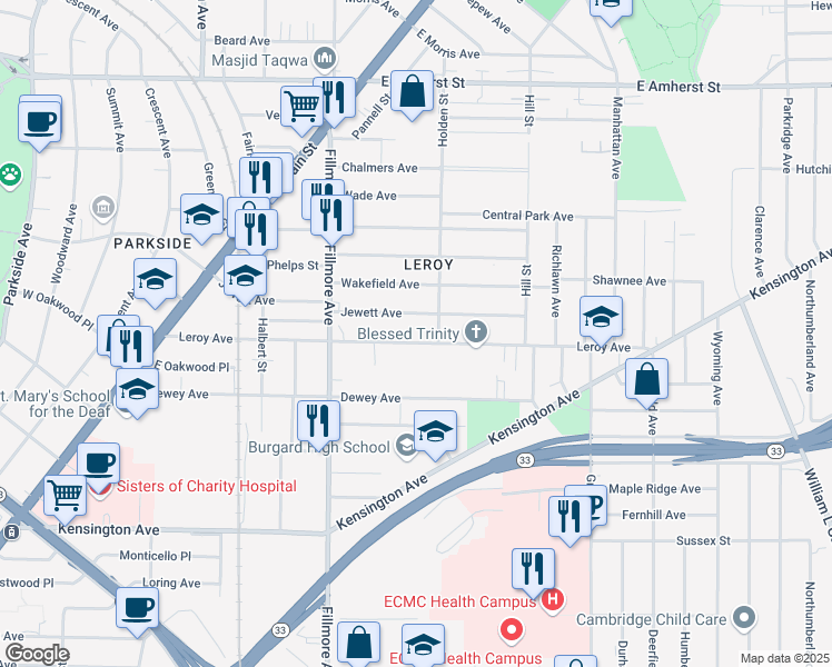 map of restaurants, bars, coffee shops, grocery stores, and more near 276 Leroy Avenue in Buffalo