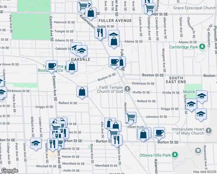 map of restaurants, bars, coffee shops, grocery stores, and more near 1070 Dickinson Street Southeast in Grand Rapids
