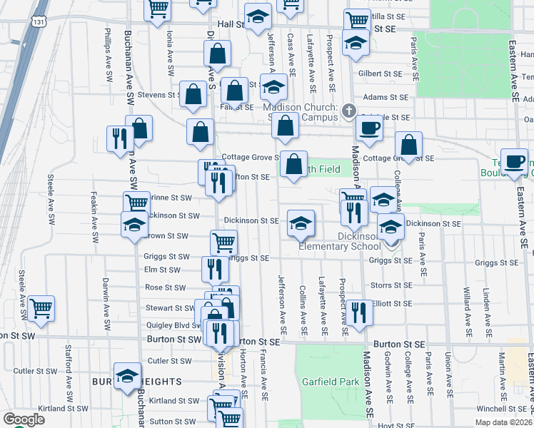 map of restaurants, bars, coffee shops, grocery stores, and more near 1663 Jefferson Avenue Southeast in Grand Rapids