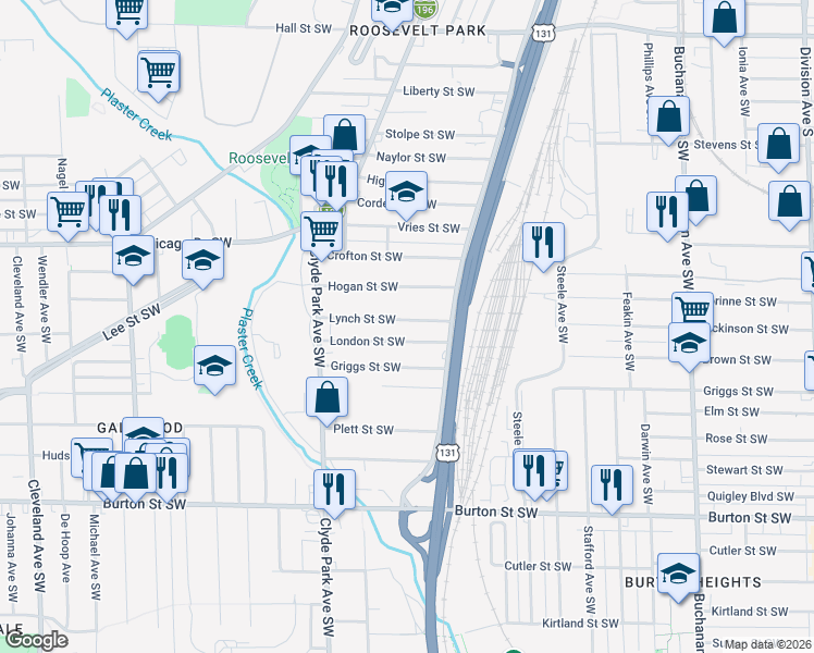 map of restaurants, bars, coffee shops, grocery stores, and more near 648 Lynch Street Southwest in Grand Rapids