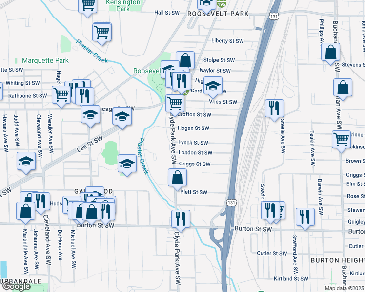 map of restaurants, bars, coffee shops, grocery stores, and more near 1714 Clyde Park Avenue Southwest in Grand Rapids