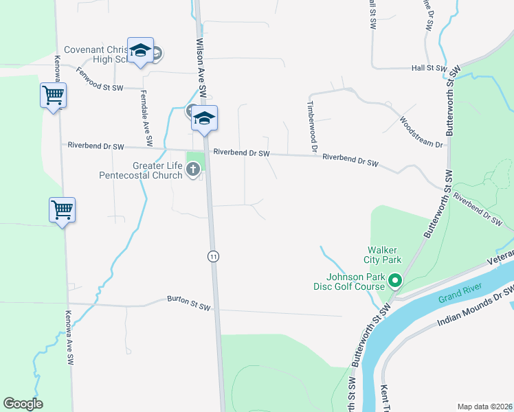 map of restaurants, bars, coffee shops, grocery stores, and more near 1740 Wilson Avenue Southwest in Grand Rapids