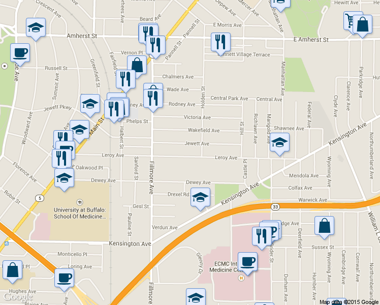 map of restaurants, bars, coffee shops, grocery stores, and more near 258 Leroy Avenue in Buffalo