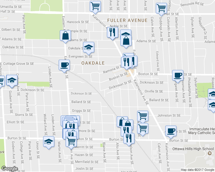 map of restaurants, bars, coffee shops, grocery stores, and more near 1029 Dickinson St SE in Grand Rapids