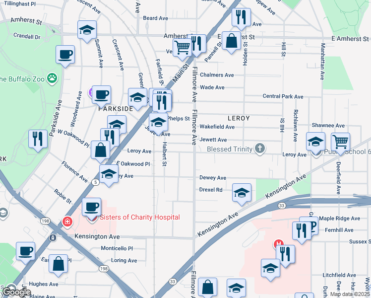 map of restaurants, bars, coffee shops, grocery stores, and more near 154 Leroy Ave in Buffalo