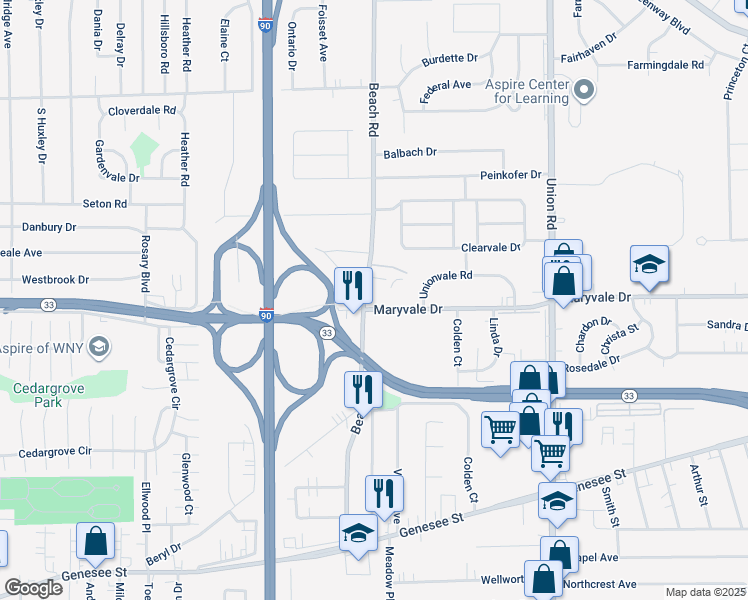 map of restaurants, bars, coffee shops, grocery stores, and more near 720 Maryvale Drive in Buffalo