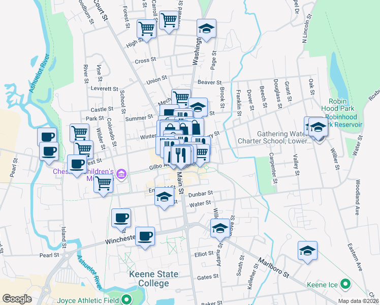 map of restaurants, bars, coffee shops, grocery stores, and more near in Keene