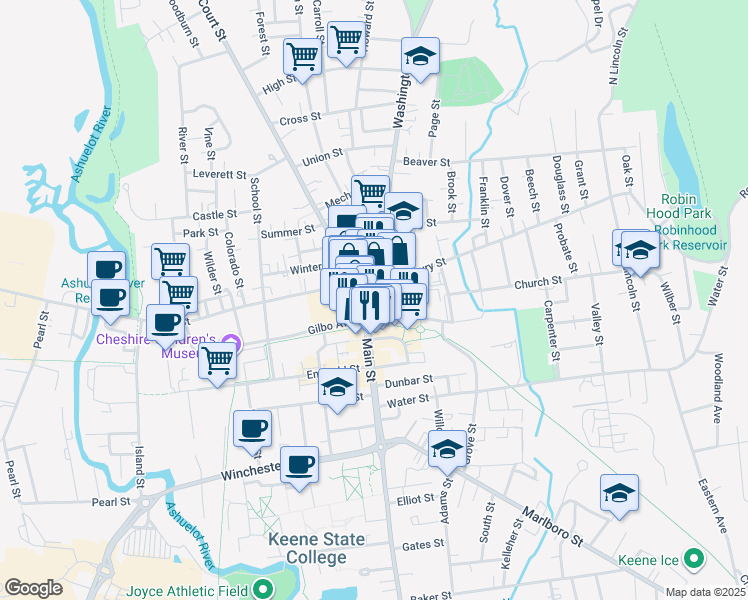 map of restaurants, bars, coffee shops, grocery stores, and more near 16 Church Street in Keene