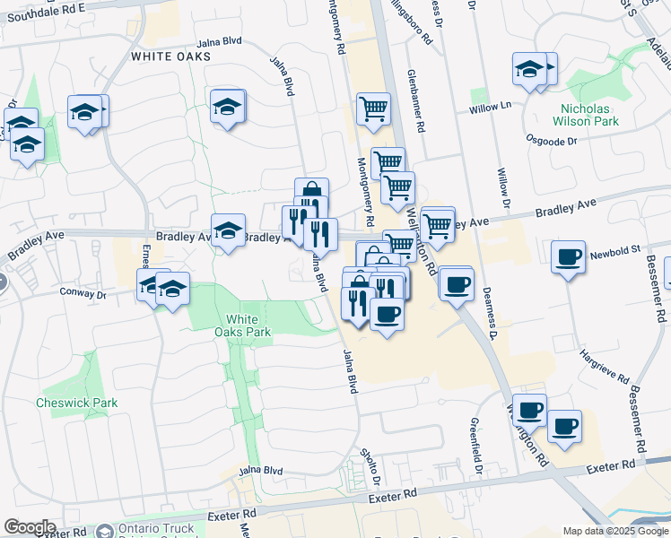 map of restaurants, bars, coffee shops, grocery stores, and more near 1104 Jalna Boulevard in London