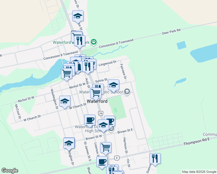 map of restaurants, bars, coffee shops, grocery stores, and more near 48 Temperance Street East in Waterford