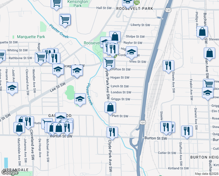 map of restaurants, bars, coffee shops, grocery stores, and more near 1704 Clyde Park Avenue Southwest in Grand Rapids