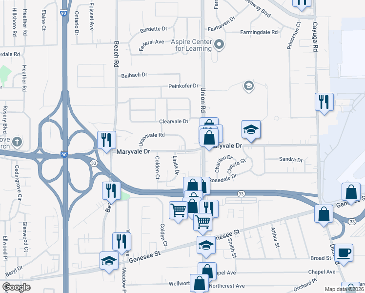 map of restaurants, bars, coffee shops, grocery stores, and more near 886 Maryvale Drive in Buffalo