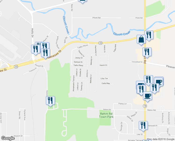 map of restaurants, bars, coffee shops, grocery stores, and more near 70 Jenny Lane in Buffalo