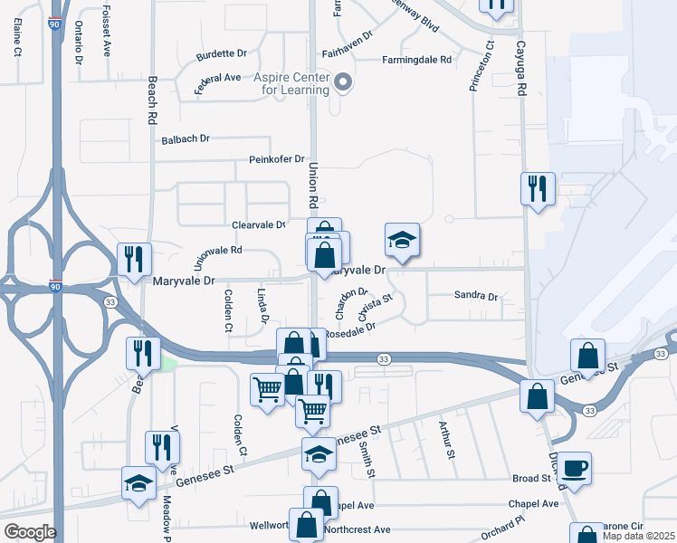 map of restaurants, bars, coffee shops, grocery stores, and more near 969 Maryvale Drive in Buffalo
