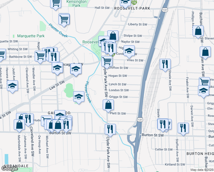 map of restaurants, bars, coffee shops, grocery stores, and more near 1704 Clyde Park Avenue Southwest in Grand Rapids
