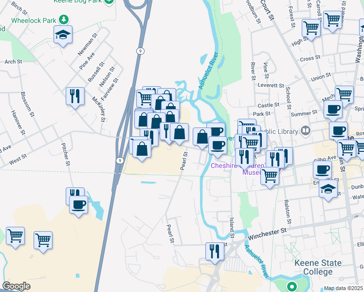 map of restaurants, bars, coffee shops, grocery stores, and more near 171 West Street in Keene