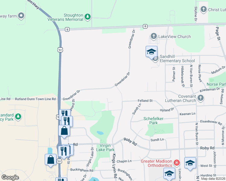 map of restaurants, bars, coffee shops, grocery stores, and more near 1708 Oakridge Court in Stoughton
