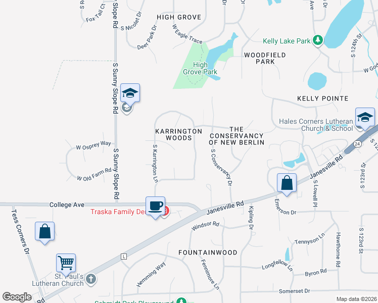 map of restaurants, bars, coffee shops, grocery stores, and more near 6095 Preston Ln in New Berlin