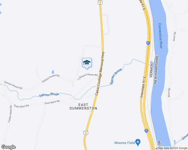 map of restaurants, bars, coffee shops, grocery stores, and more near 52 School House Road in Dummerston