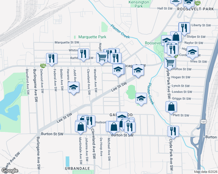 map of restaurants, bars, coffee shops, grocery stores, and more near 1129 Lee Street Southwest in Wyoming